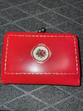 Vintage Red Leather Women's Coin Wallet With 1" Circle Insert Needlepoint Rose