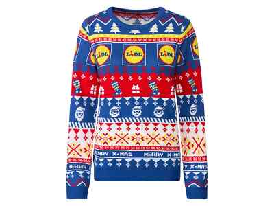 LIDL Damen Pullover mit lustigem Logo-Weihnachtsmotiv, Blau, Größe S (36 / 38)