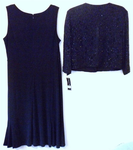 JESSICA HOWARD NAVY BLUE SLEEVELESS SEQUIN 2 PC DRESSY DRESS LACE JACKET 14 NWT! - Picture 2 of 10