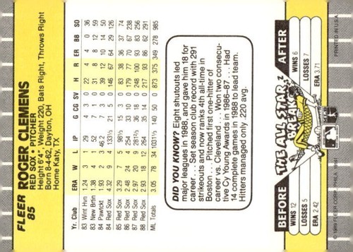 1989 Fleer #85 Roger Clemens - Picture 2 of 2