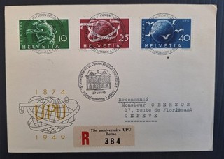 RARE 1949 Switzerland Regd 75th Anniv of UPU FDC ties set of 3 stamps canc Bern