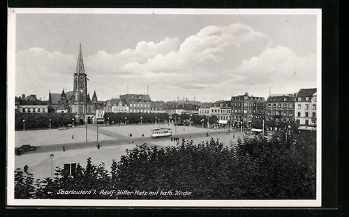 Saarlautern, Ansichtskarte, Platz mit Kirche und Strassenbahn  - Picture 1 of 2