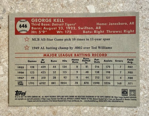 George Kell 2021 Topps Chrome Platinum Anniversary #646 Detroit Tigers - Picture 2 of 2
