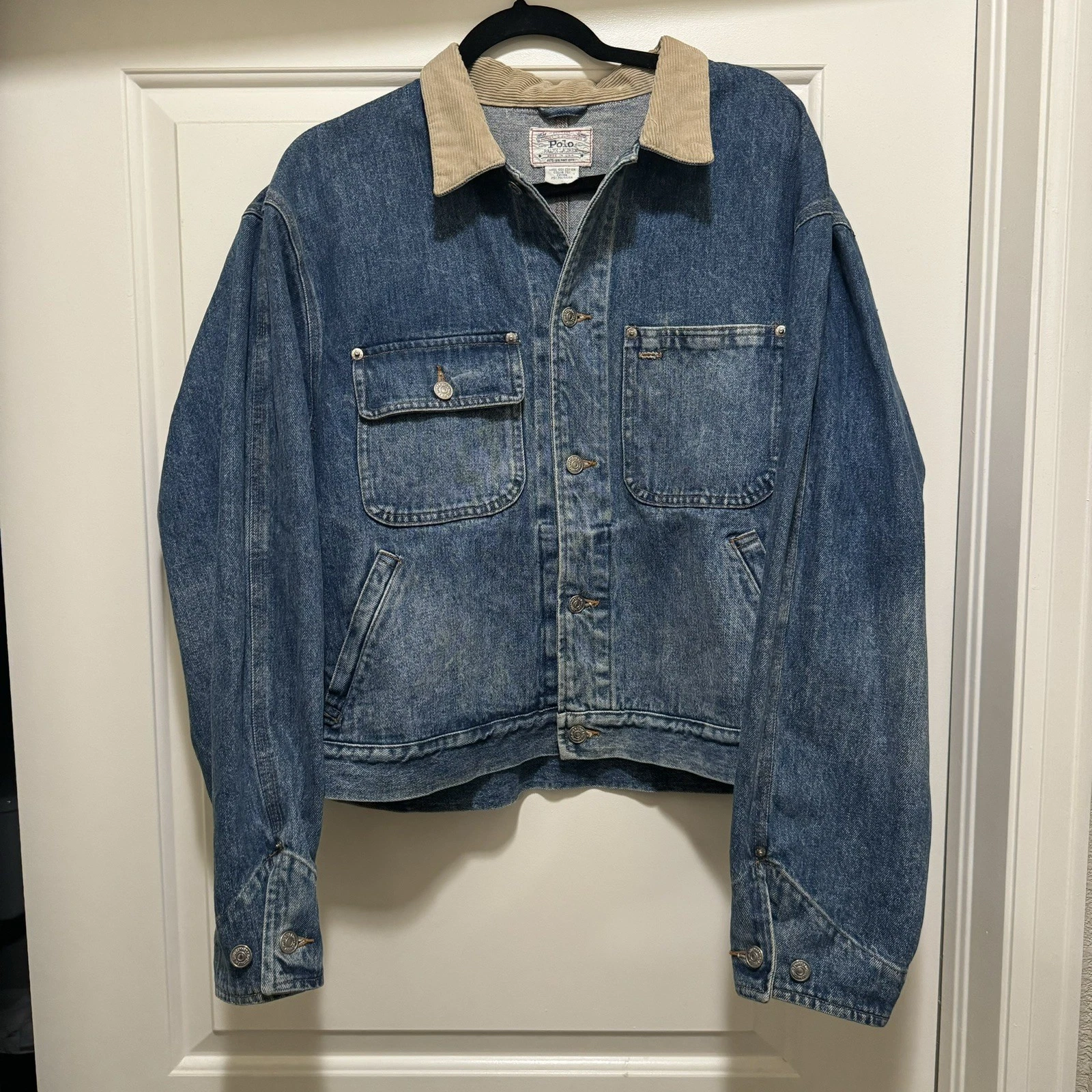 VTG Polo Ralph Lauren Authentic Dungarees Denim Trucker Jacket Corduroy Collar L - product detail image 1