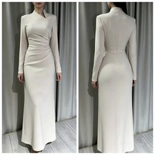 Muslim Dubai Satin Evening Gown Long Sleeved Mermaid Pleated High Neck Ball Gown