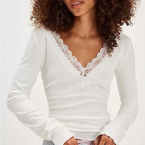 $89 NWT White For Love And Lemons “Eisley” Ribbed Knit Long Sleeve Top Sz Small
