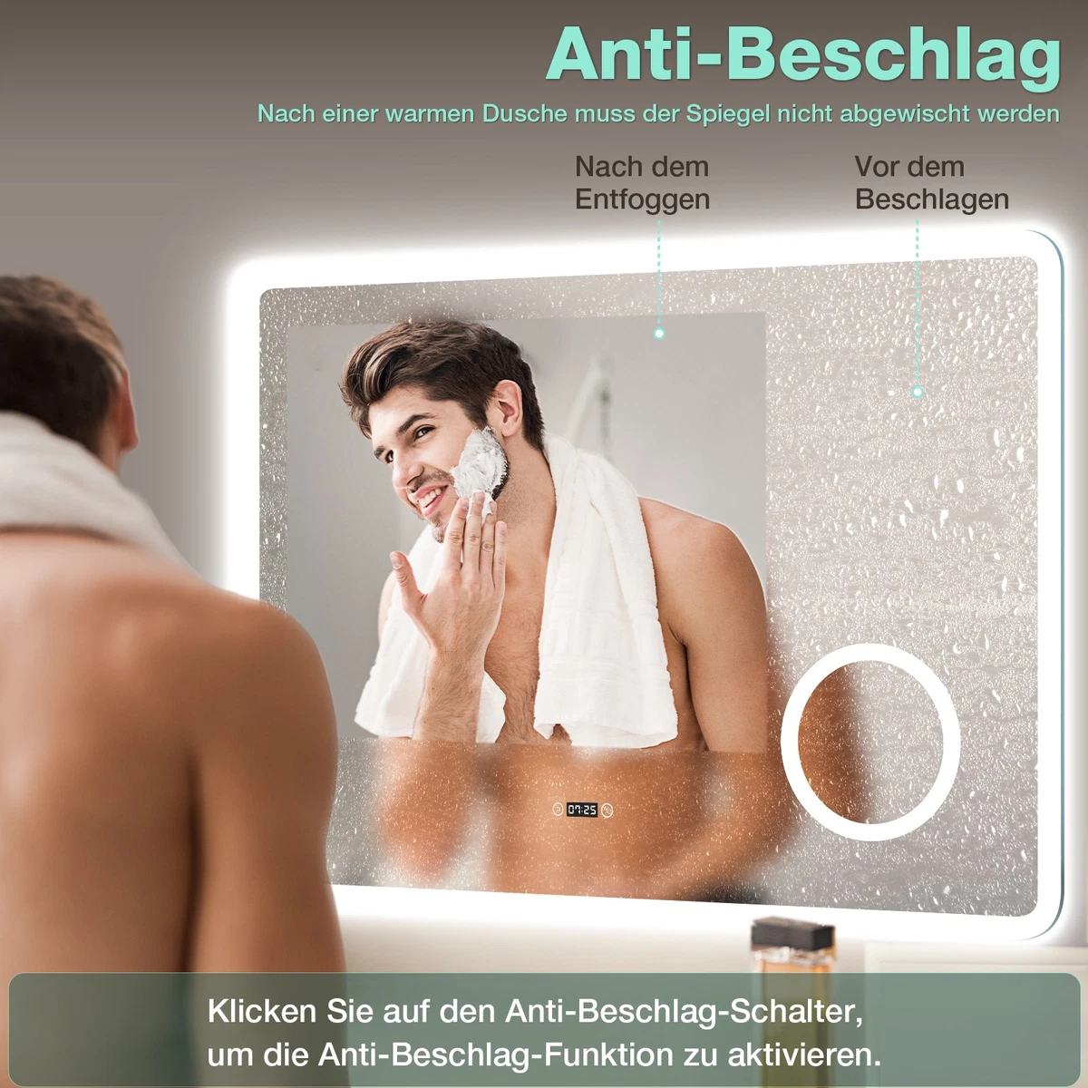 Badspiegel mit LED Beleuchtung 3 Lichtfarben Dimmbar Uhr Touch Bad 80X60 cm