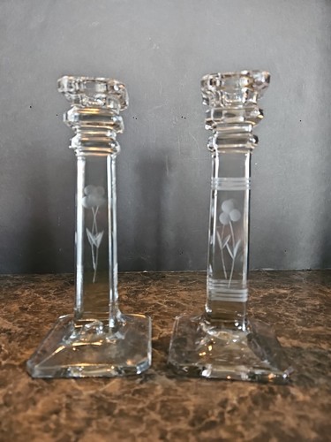 2 Westmoreland Crystal Glass Candlesticks Etched Flowers Floral Pillar READ - Picture 1 of 6