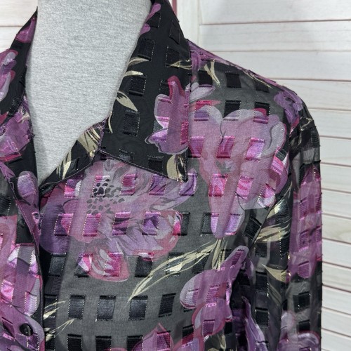 Vintage Notations Blouse Women Large Black Purple Sheer Floral Check Shimmer 90s - Picture 5 of 11