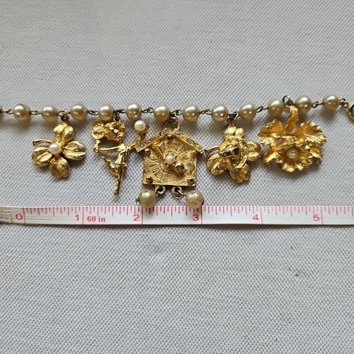 Vtg Gold Tone Charm Bracelet Flower Tennis Player Clock Four Leaf Clover Horse - Picture 11 of 12