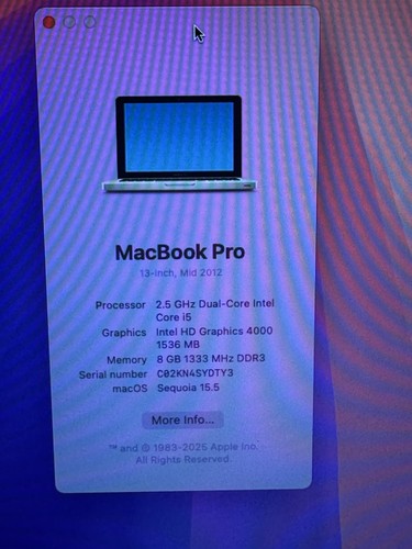 MacBook Pro Mid 2012 13" A1278 i5 2.5GHz 8GB RAM 128GB SSD macOS Sequoia - Afbeelding 4 van 10