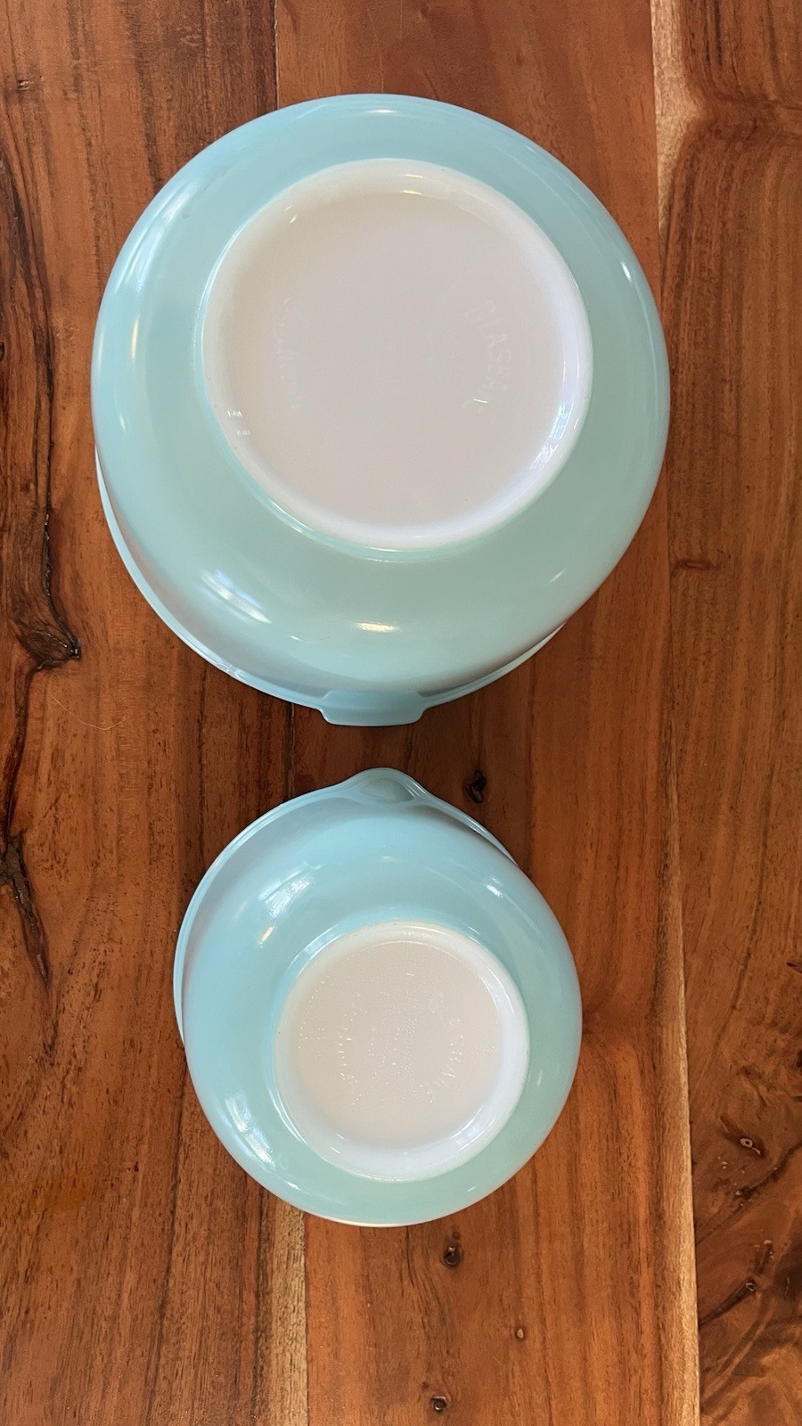 Set of Two Aqua/Turquoise Glassbake Sunbeam Mixer Bowls