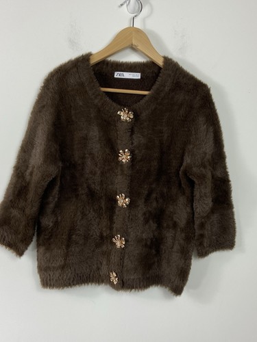 Zara Chocolate Brown Cozy Fuzzy Knit Cardigan w/ Metal Floral Button Snaps Sz S - Bild 1 von 17