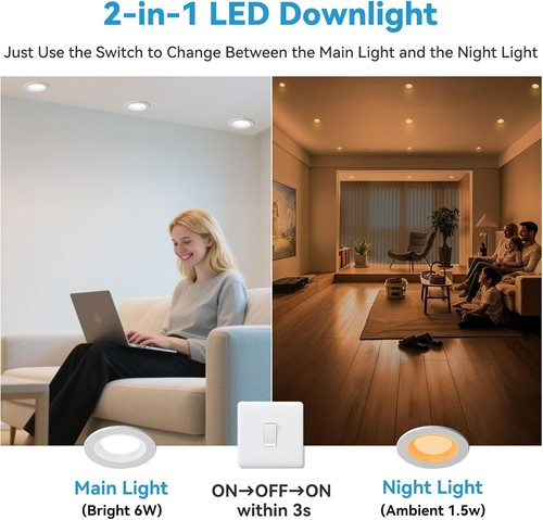 Downlights para Techo, Iluminación Empotrada con Luz de Noche, 230V, 6W, 3CCT 3000K - Imagen 2 de 7