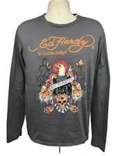 Christian Audigier Ed Hardy Gray Double Graphic Mens T-Shirt Medium Stretch USA