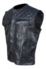 Men's Genuine Cow Leather Motorcycle Biker Vest Black Motorcycle Club Vest