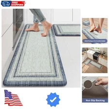 Non-Slip Waterproof Kitchen Rugs 2-Piece Set - Blue & Gray Decor