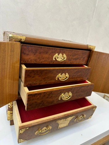 Cassettiera portagioie vintage legno teak e burl tansu coreano accessori ottone - Foto 4 di 17