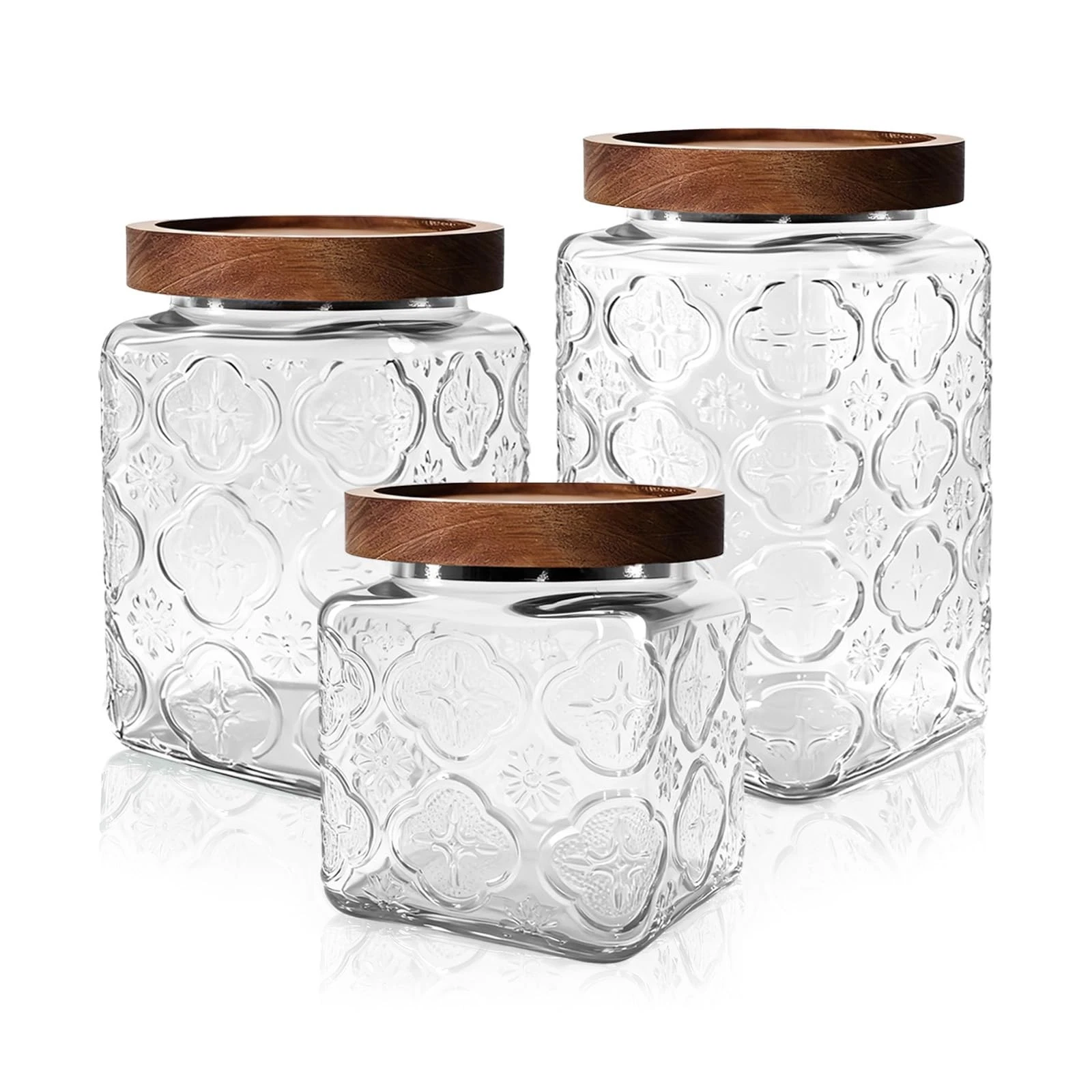 Vintage Glass Jars with Wood Lids - Set of 3 Airtight Canister for Kitchen Pa...