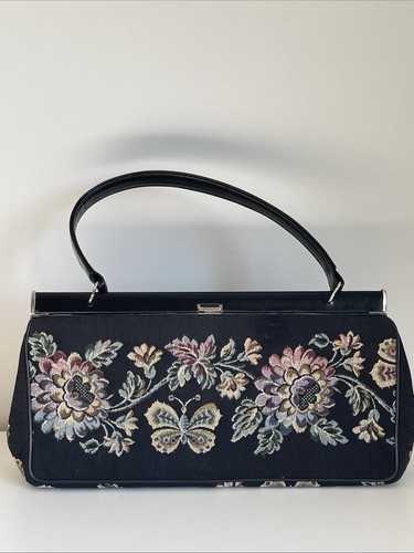 Vtg 1950s–60s La Marquise Italian Tapestry Handbag Purse Floral & Butterfly - Bild 4 von 12