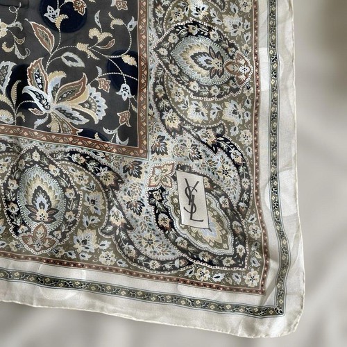 Yves Saint Laurent Unused Silk Scarf Paisley Beige Navy 105cm - Picture 2 of 4