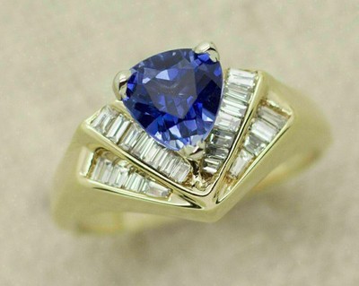 2 Ct Trillion Cut Blue Tanzanite Wedding Ring 14K Yellow Gold Plated For Women's