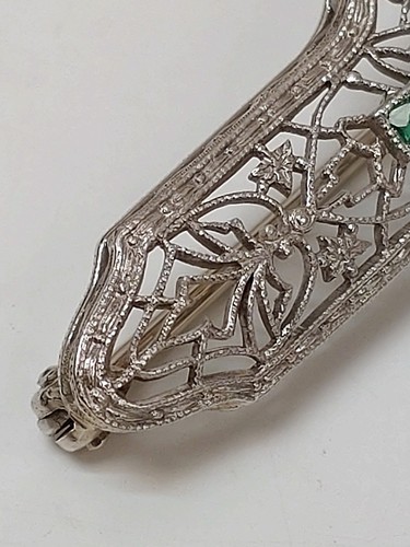 Vintage 14ct White Gold pin Brooch Beautiful Art Deco Emerald + Diamond Set - Picture 4 of 16