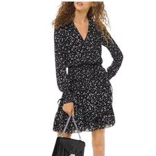 MICHAEL KORS Black White Polka Dot Long Sleeve Wrap Mini Dress Size S