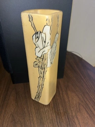 Mint Signed Weller 10” Etched Matte Vase With White Rose Decoration. Sweet