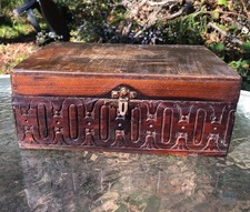 Antique CARVED WOODEN BOX with broken latch