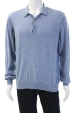 Enzo Mantovani Mens Point Collar Polo Merino Wool Blue Button Sweater Size XL