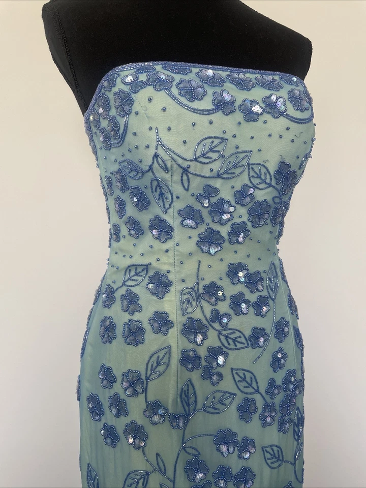 Vintage 90s Y2K Cache Beaded Silk Strapless Maxi Dress Floral Blue Slit XS - Image 2 of 4