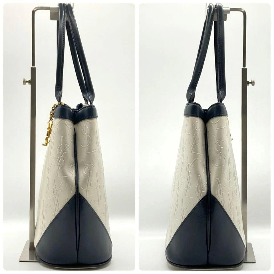 Bolsa tote de couro Saint Laurent autêntica branca marinha feminina França 125127 - Imagem 4 de 4
