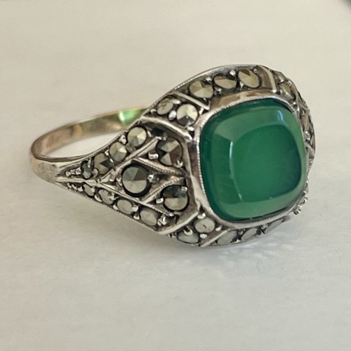 9ct Gold Silver Chrysoprase Marcasite Ring Antique Art Deco 1920s 30s Size O - Picture 4 of 14