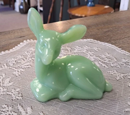 New Mosser Glass Jadeite Green Lying Fawn Deer Figurine Fenton Mold USA