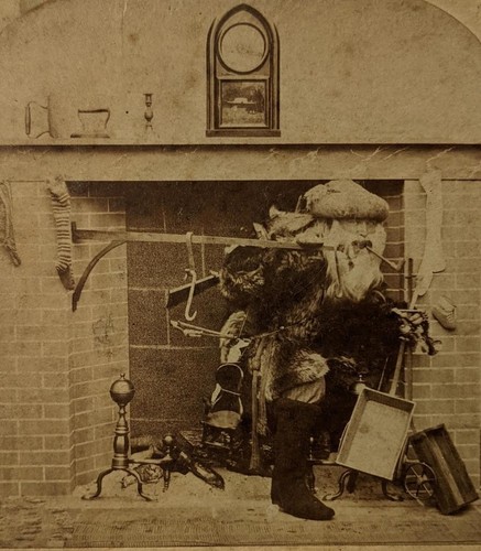 ca. 1880 s CHRISTMAS STEREOVIEW SANTA CLAUS SMOKES PIPE IN FRONT OF FIREPLACE