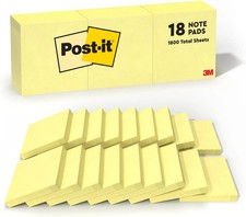 Post-it Notes, 3 in x 3 in, 18 Sticky Notes Pads, 100 3" x 3", Canary Yellow