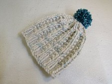 Handcrafted Beanie Hat Cream Teal Pom Pom 100% Merino Female Adult