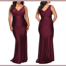 NEW $360 La Femme Curve [ 16 ] Satin V Neck Trumpet Gown in Dark Berry  #Q336
