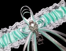 Aqua Blue Green Satin and White Lace Wedding Prom Garter Belt with Rhinestones