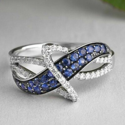 Cluster Round Cut Sapphire & Lab-Created Diamond Wedding 925 Silver Gifted Ring