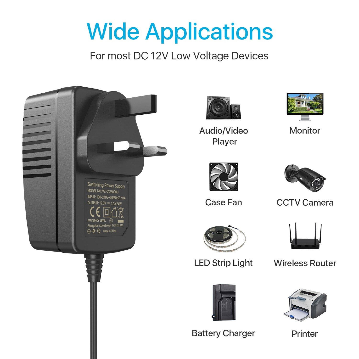 ZOSI AC DC 12V 1A/2A Power Supply Adapter Charger For CCTV Camera LED ...