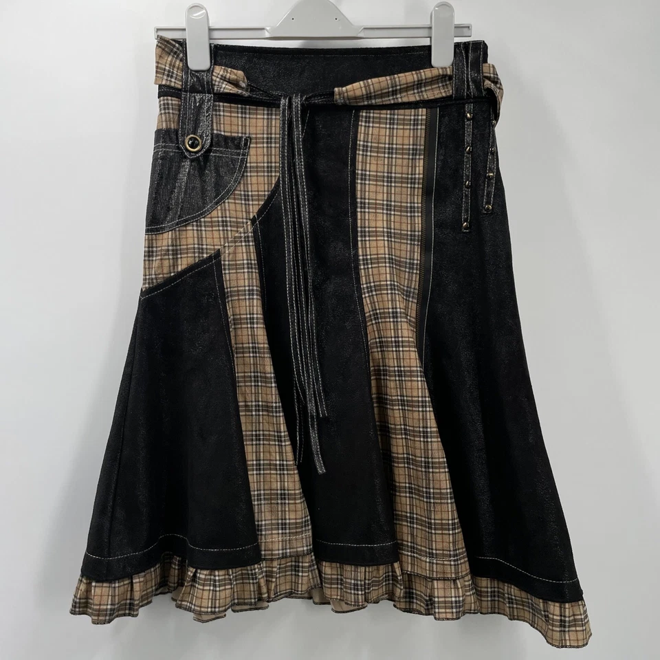 Stones Multi Color Pencil Skirt W / Faux Leather Wool Blend Plaid Pattern Size 2