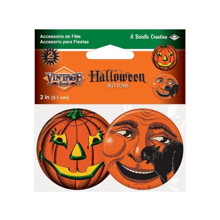 Beistle Vintage Halloween Buttons Jack-o'-Lantern Pumpkin & Moon w