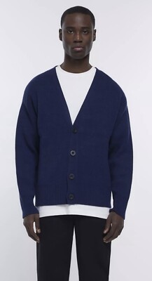 River Island Mens Cardigan Blue Boxy Fit Knitted Long Sleeve Buttons Jumper  Top UK