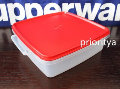 Tupperware Square Away Goody Box Container 2L/8 cup Clear w/ Red Seal New