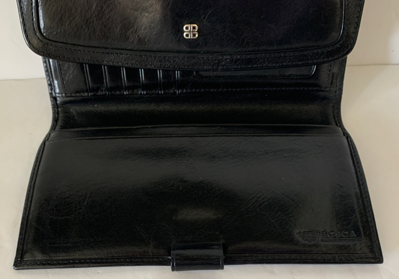 Bosca Womens Old Leather Framed Checkbook Clutch Wallet Black Made In