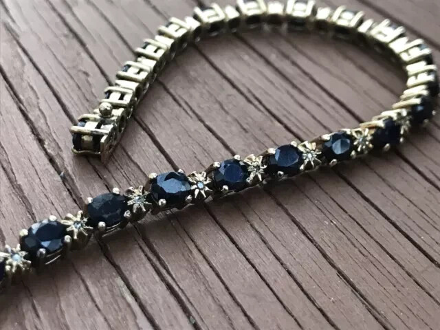 14K Yellow Gold Plated 10Ct Blue Sapphire and Diamond Lab Tennis Bracelet 7.25 Inches