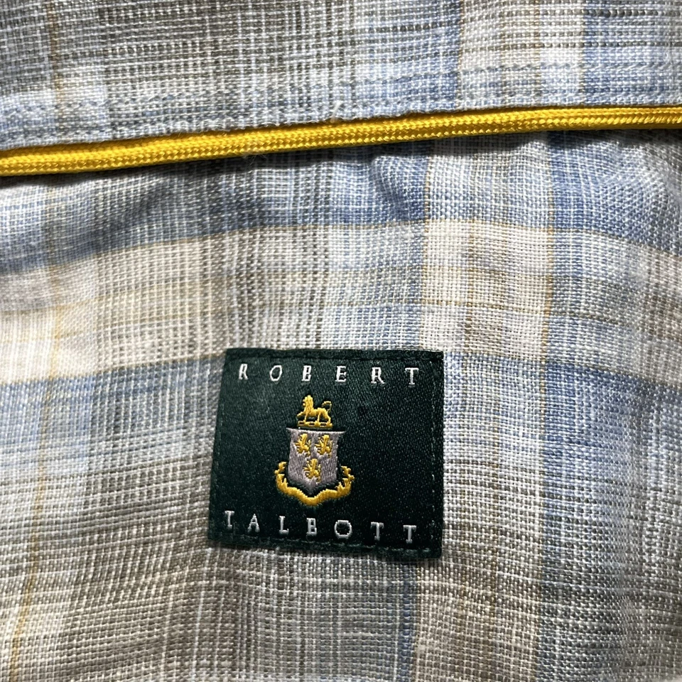 Robert Talbott Shirt Men's Small Linen Beige, Light Blue Plaid Long Sleeve - Image 4 of 4