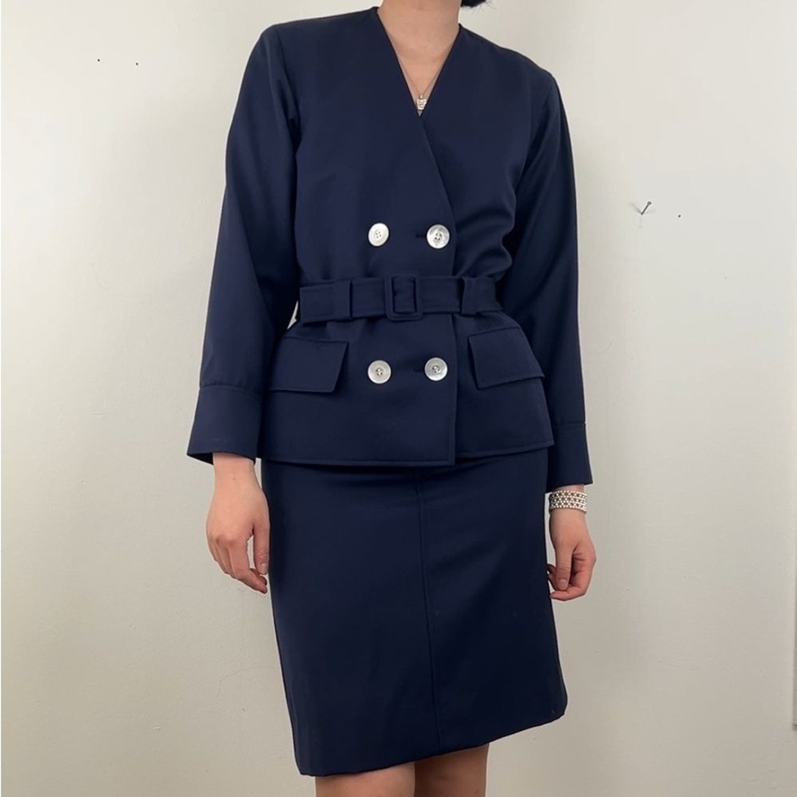 Set completo vintage Yves Saint Laurent blu navy blazer e gonna lana